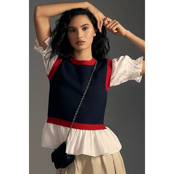 Anthropologie Layered Poplin Sweater Top in Navy Blue size Large - Picture 1 of 9